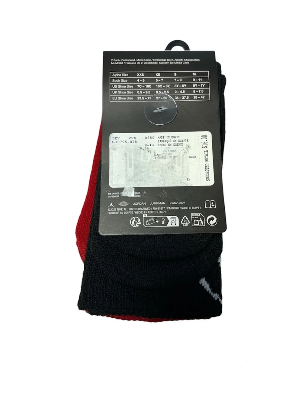 Jordan Dri-FIT Red Micro Crew Socks - 2 Pack 9-11 yrs new